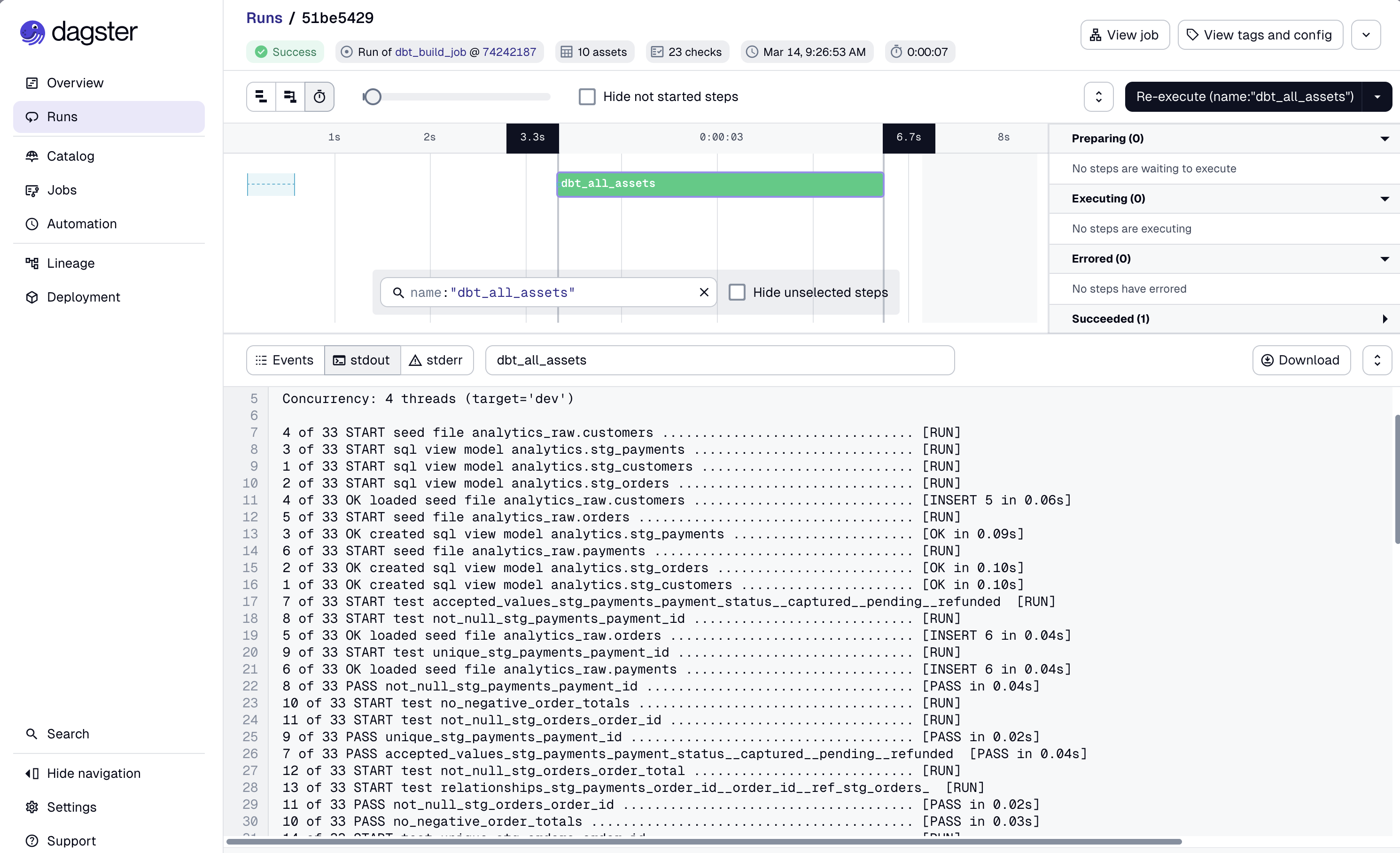 Dagster run logs showing per-model dbt events streaming in real time