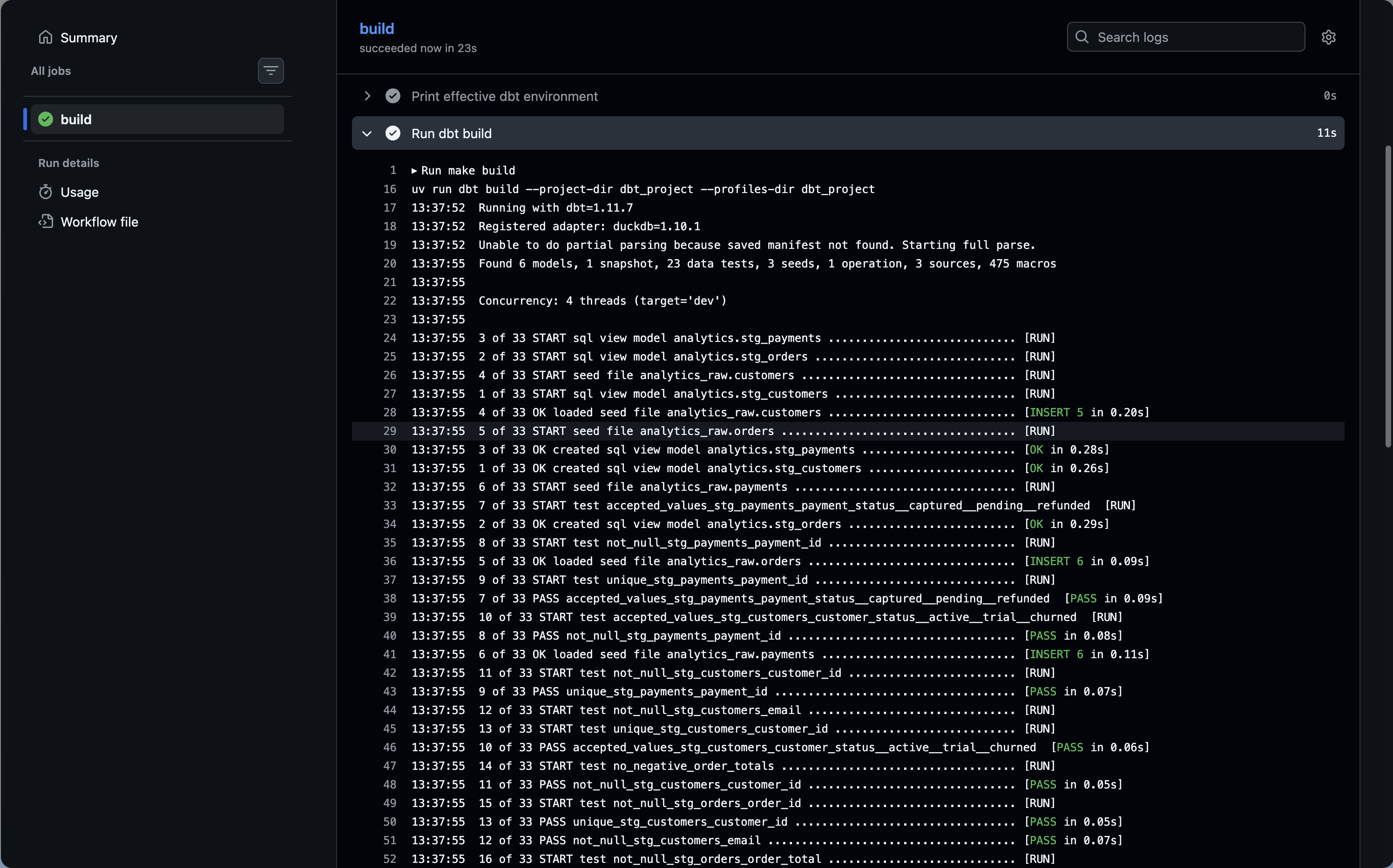 GitHub Actions step showing dbt build output in the Actions log