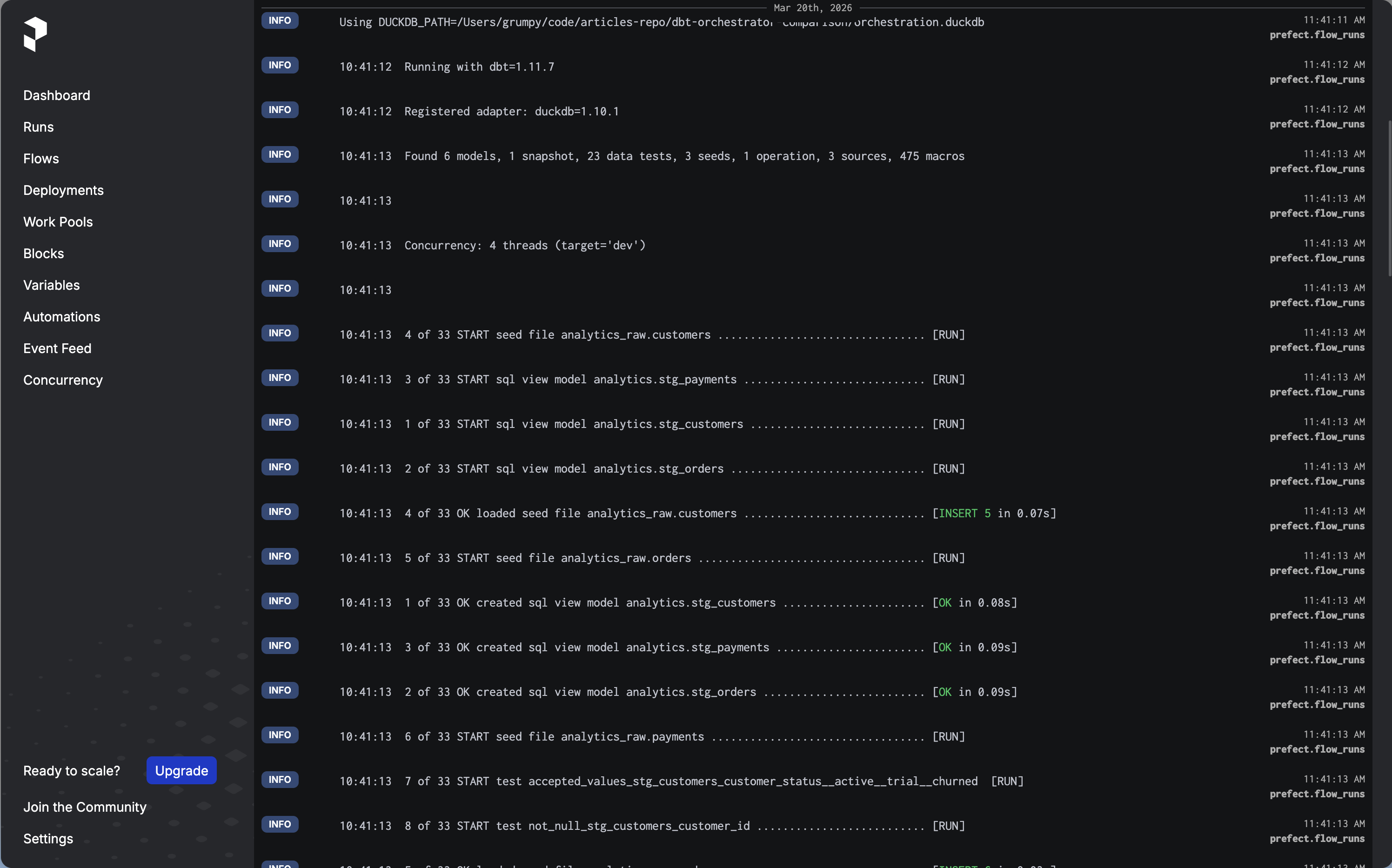 Prefect flow run with real-time dbt log streaming